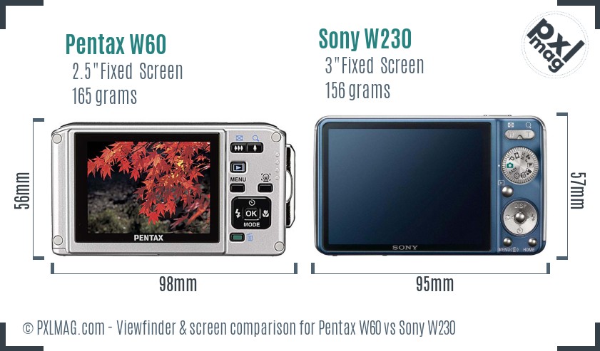 Pentax W60 vs Sony W230 Screen and Viewfinder comparison