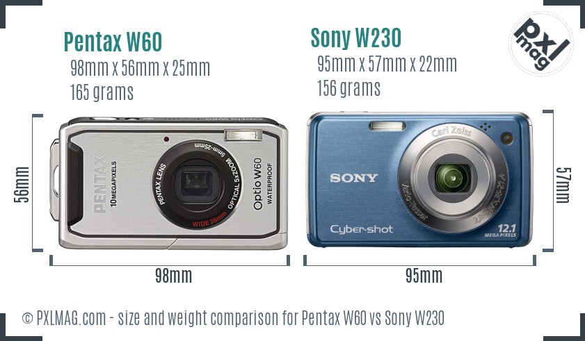 Pentax W60 vs Sony W230 size comparison Pentax W60 vs Sony W230 size comparison