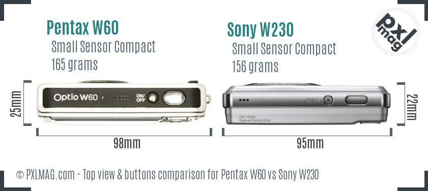 Pentax W60 vs Sony W230 top view buttons comparison