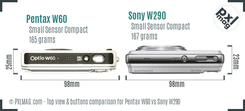 Pentax W60 vs Sony W290 top view buttons comparison
