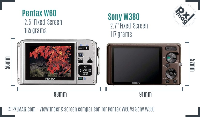 Pentax W60 vs Sony W380 Screen and Viewfinder comparison