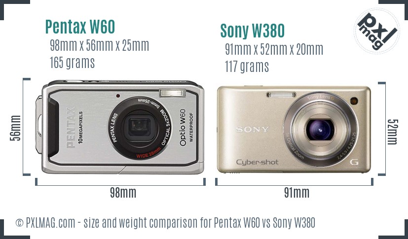 Pentax W60 vs Sony W380 size comparison