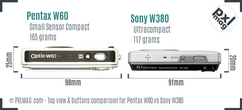 Pentax W60 vs Sony W380 top view buttons comparison
