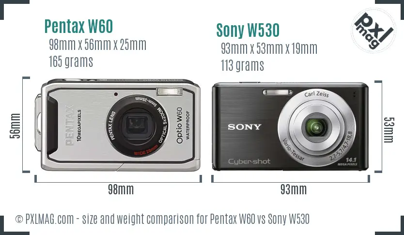 Pentax W60 vs Sony W530 size comparison