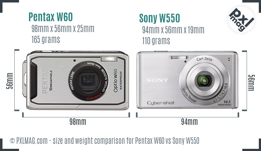 Pentax W60 vs Sony W550 size comparison