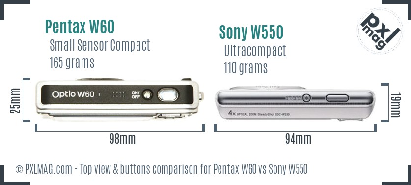 Pentax W60 vs Sony W550 top view buttons comparison