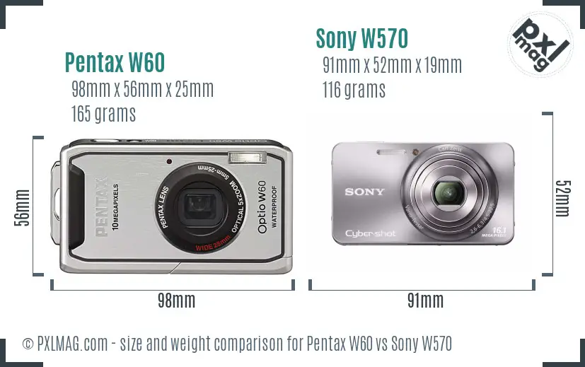 Pentax W60 vs Sony W570 size comparison