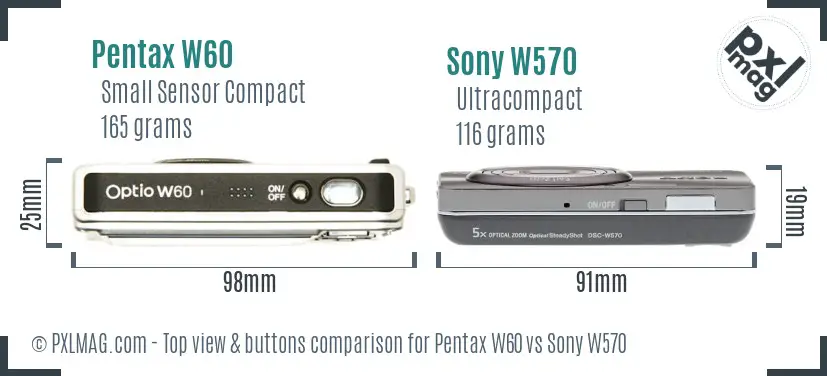 Pentax W60 vs Sony W570 top view buttons comparison