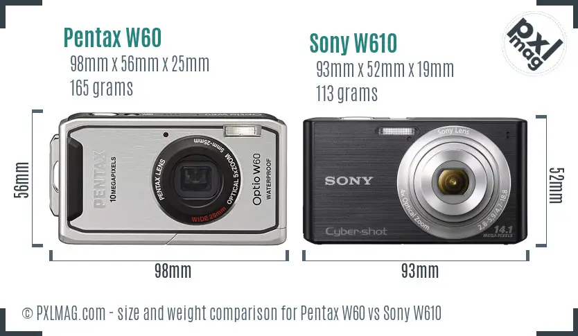 Pentax W60 vs Sony W610 size comparison