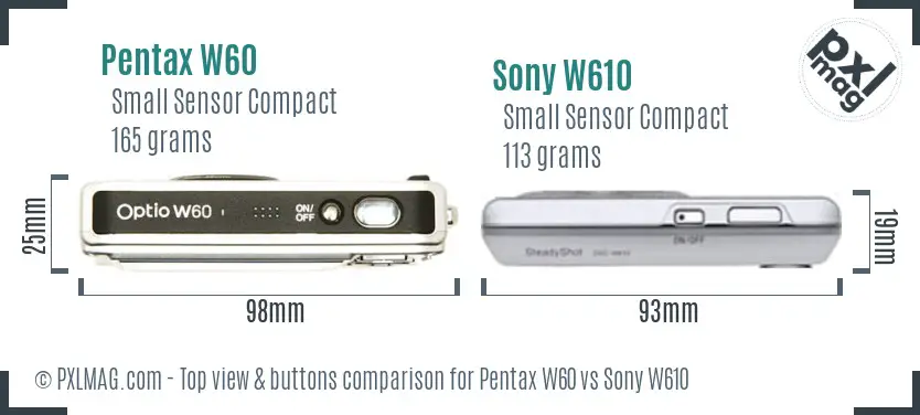 Pentax W60 vs Sony W610 top view buttons comparison