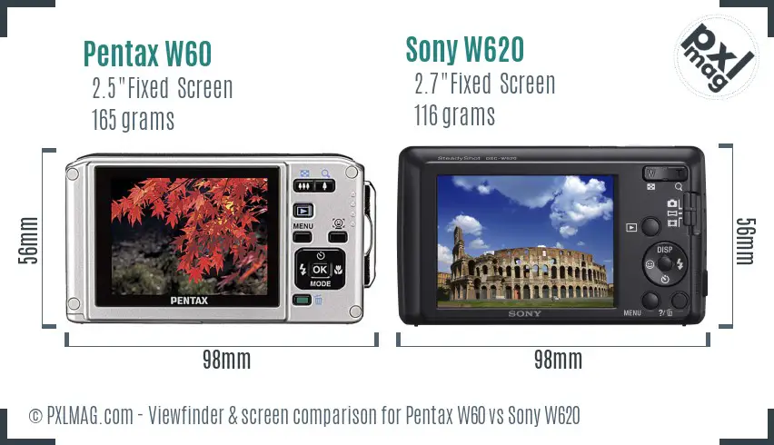 Pentax W60 vs Sony W620 Screen and Viewfinder comparison