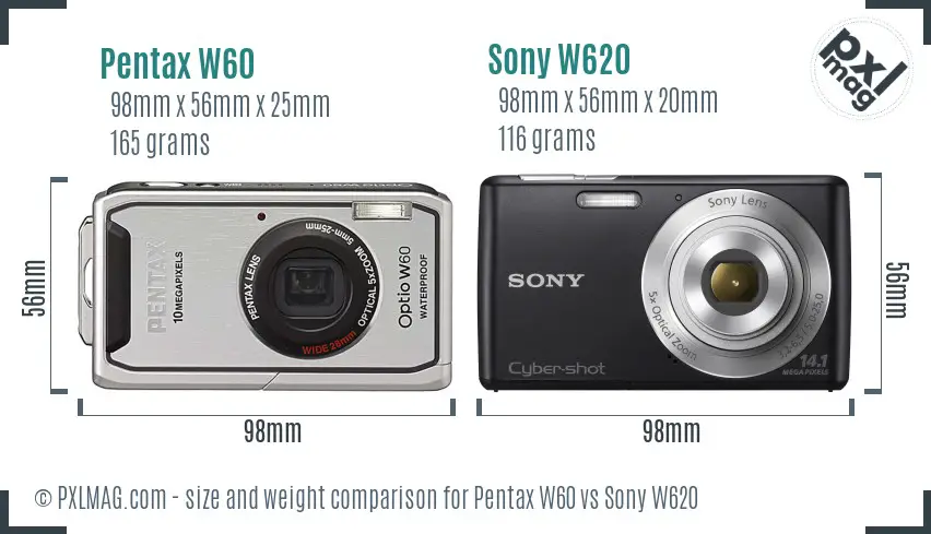 Pentax W60 vs Sony W620 size comparison