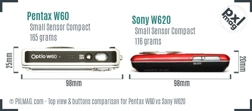 Pentax W60 vs Sony W620 top view buttons comparison