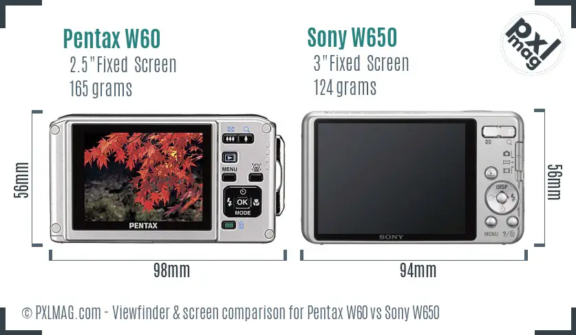 Pentax W60 vs Sony W650 Screen and Viewfinder comparison