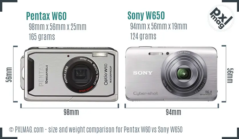 Pentax W60 vs Sony W650 size comparison