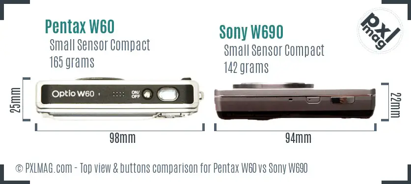 Pentax W60 vs Sony W690 top view buttons comparison