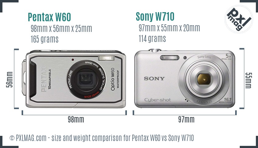 Pentax W60 vs Sony W710 size comparison