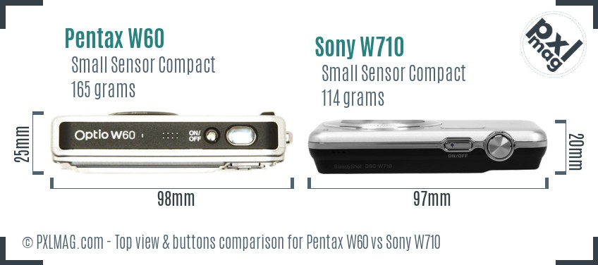 Pentax W60 vs Sony W710 top view buttons comparison
