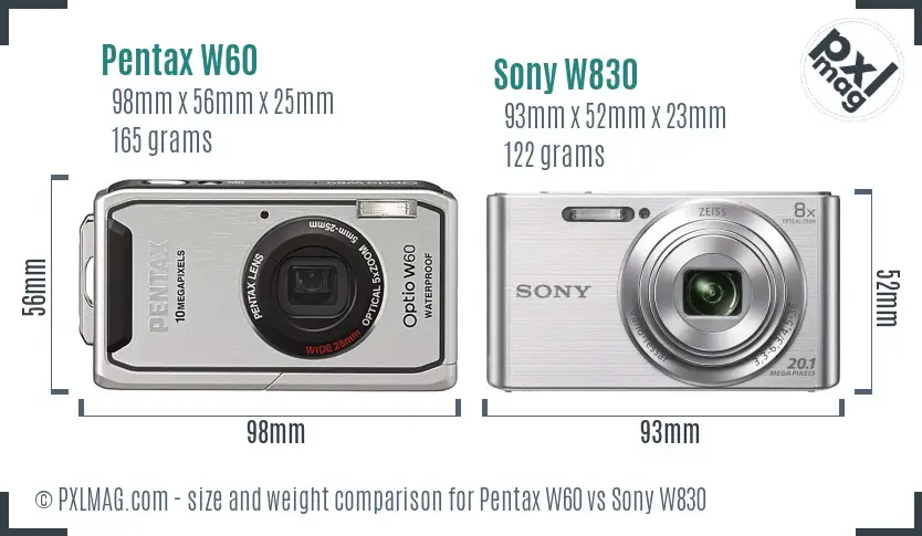 Pentax W60 vs Sony W830 size comparison Pentax W60 vs Sony W830 size comparison