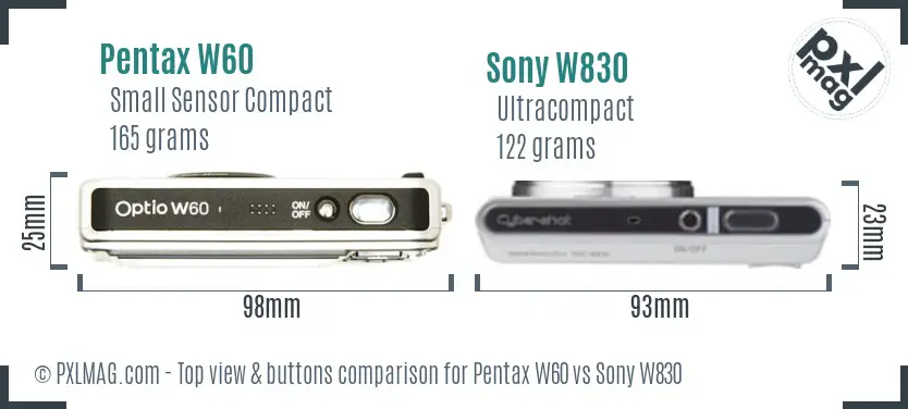 Pentax W60 vs Sony W830 top view buttons comparison Pentax W60 vs Sony W830 top view buttons comparison