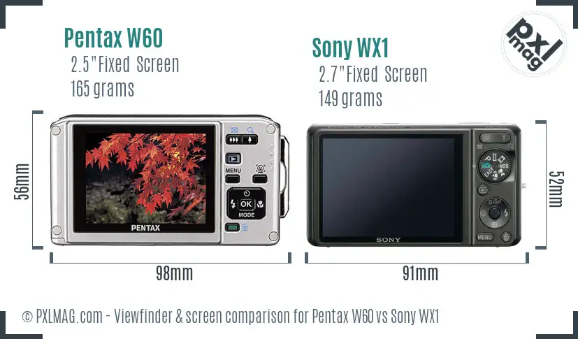 Pentax W60 vs Sony WX1 Screen and Viewfinder comparison