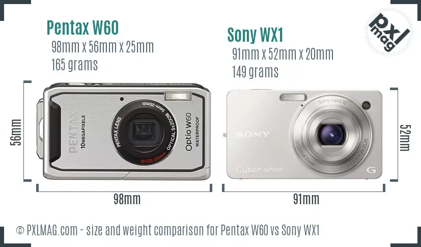 Pentax W60 vs Sony WX1 size comparison