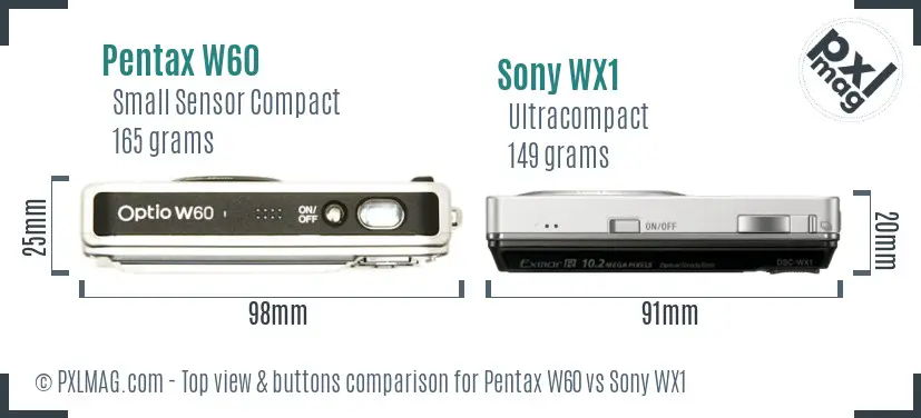 Pentax W60 vs Sony WX1 top view buttons comparison