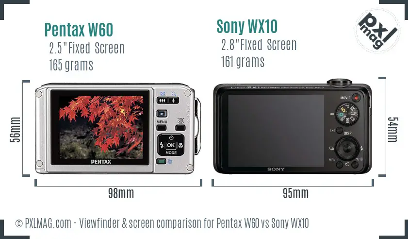 Pentax W60 vs Sony WX10 Screen and Viewfinder comparison