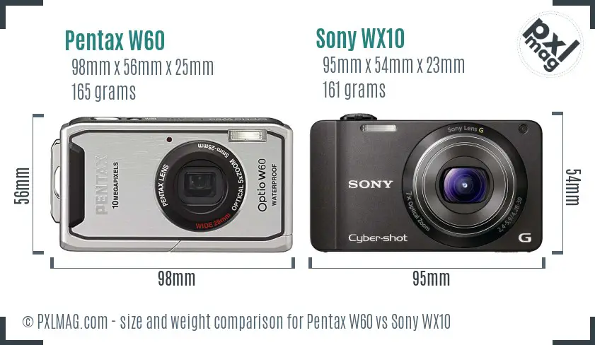 Pentax W60 vs Sony WX10 size comparison