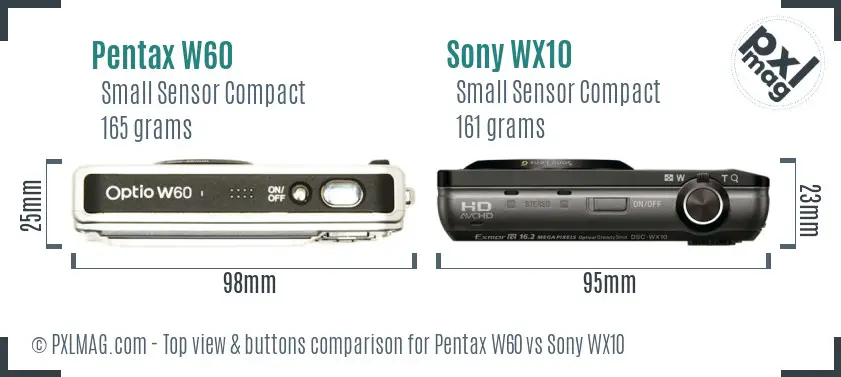 Pentax W60 vs Sony WX10 top view buttons comparison