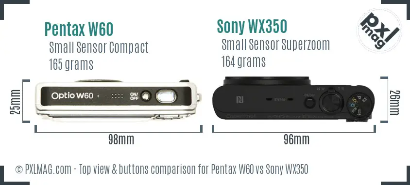 Pentax W60 vs Sony WX350 top view buttons comparison