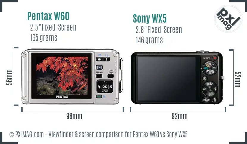 Pentax W60 vs Sony WX5 Screen and Viewfinder comparison