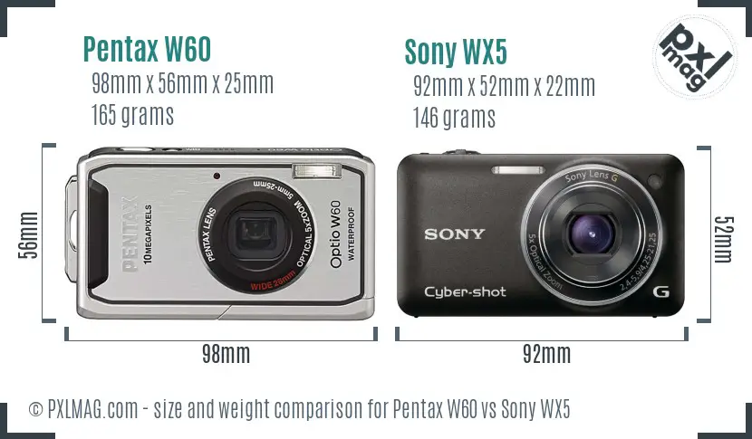 Pentax W60 vs Sony WX5 size comparison