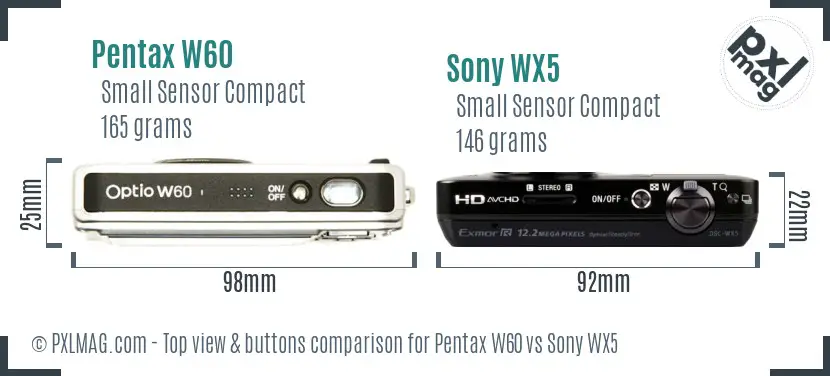 Pentax W60 vs Sony WX5 top view buttons comparison