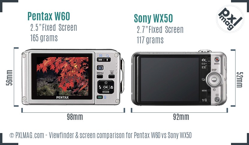 Pentax W60 vs Sony WX50 Screen and Viewfinder comparison