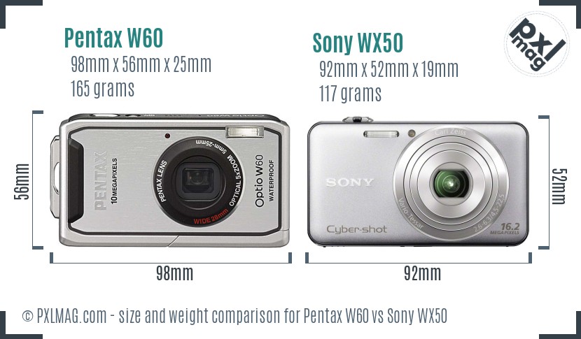 Pentax W60 vs Sony WX50 size comparison