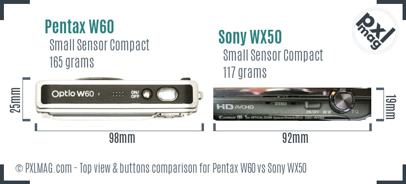 Pentax W60 vs Sony WX50 top view buttons comparison