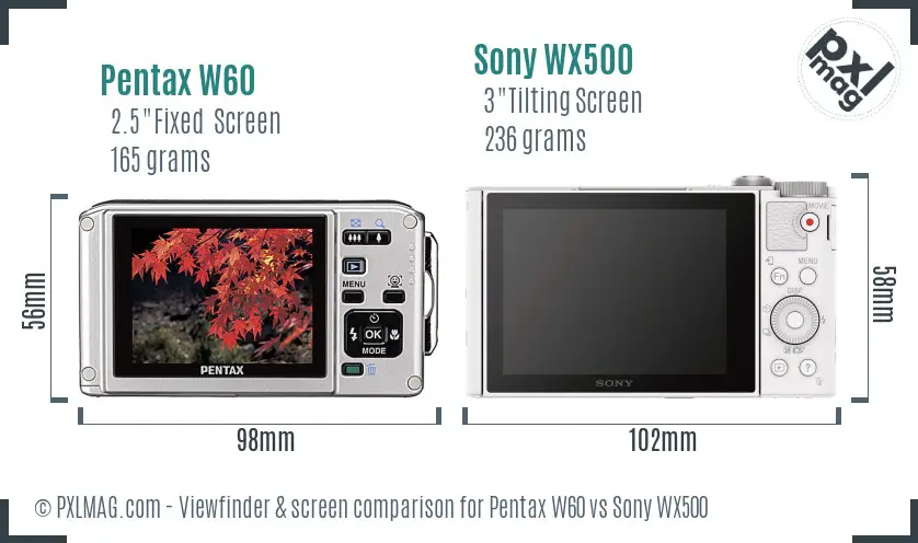 Pentax W60 vs Sony WX500 Screen and Viewfinder comparison