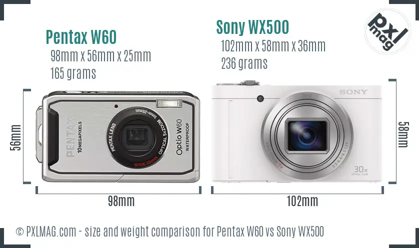 Pentax W60 vs Sony WX500 size comparison