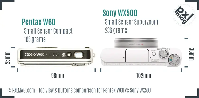 Pentax W60 vs Sony WX500 top view buttons comparison