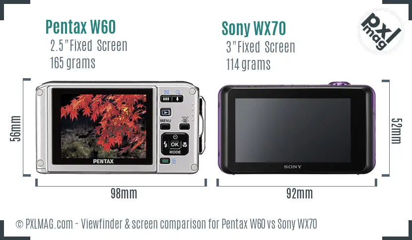 Pentax W60 vs Sony WX70 Screen and Viewfinder comparison