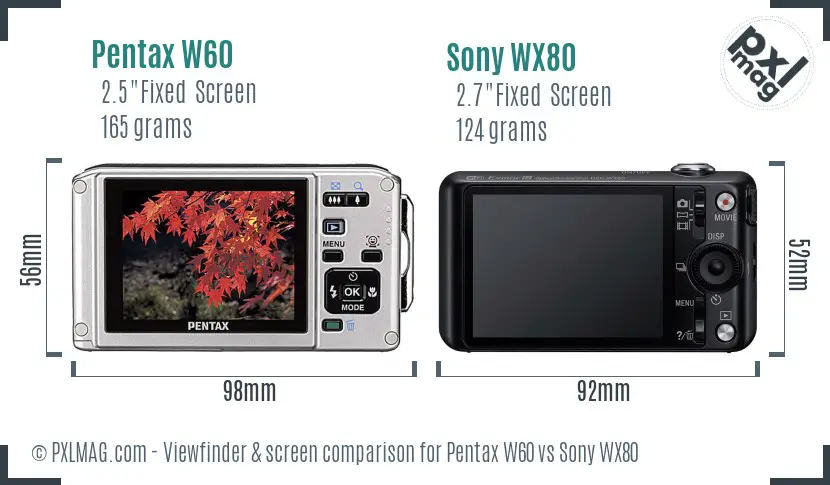 Pentax W60 vs Sony WX80 Screen and Viewfinder comparison