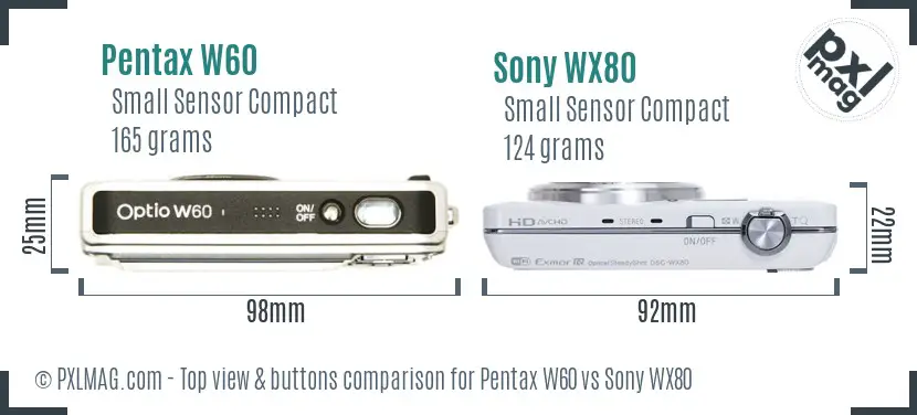 Pentax W60 vs Sony WX80 top view buttons comparison