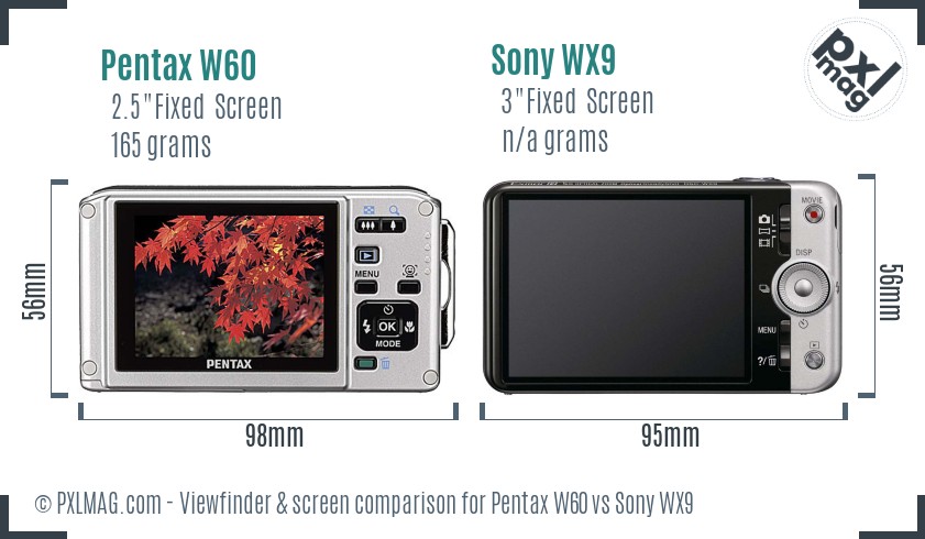 Pentax W60 vs Sony WX9 Screen and Viewfinder comparison