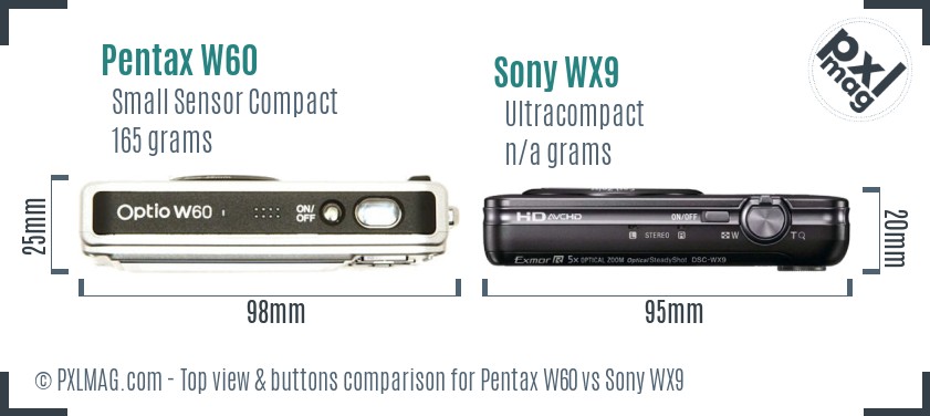 Pentax W60 vs Sony WX9 top view buttons comparison
