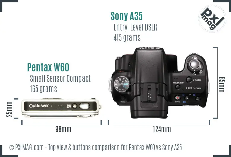 Pentax W60 vs Sony A35 top view buttons comparison Pentax W60 vs Sony A35 top view buttons comparison