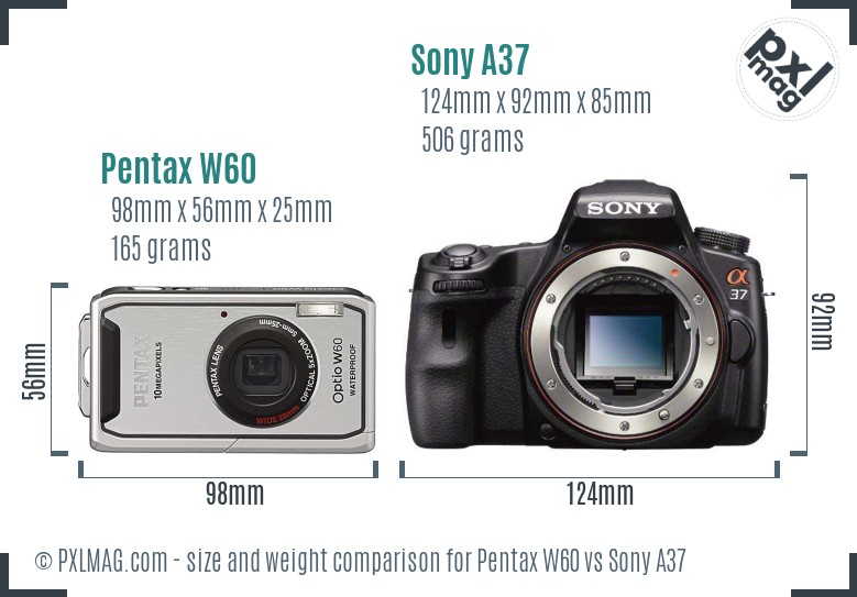 Pentax W60 vs Sony A37 size comparison