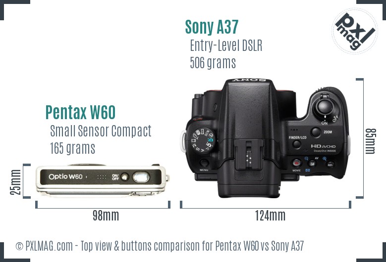 Pentax W60 vs Sony A37 top view buttons comparison