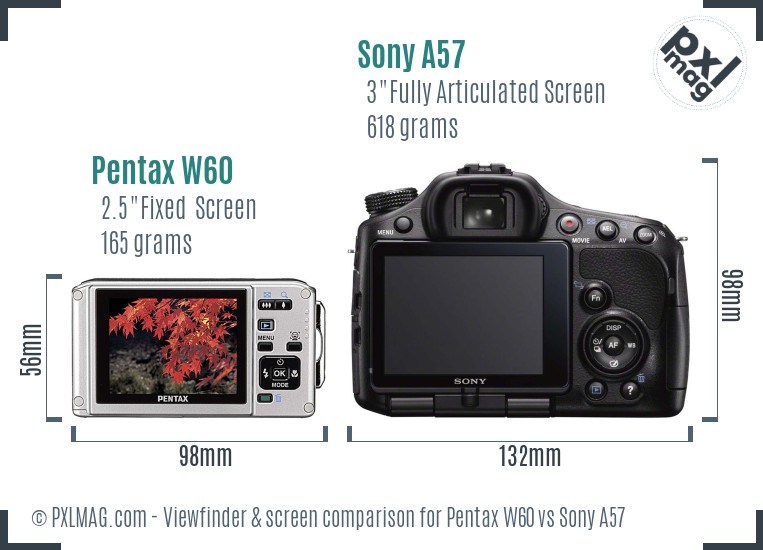 Pentax W60 vs Sony A57 Screen and Viewfinder comparison