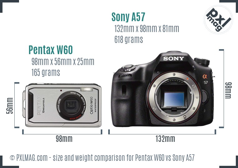 Pentax W60 vs Sony A57 size comparison